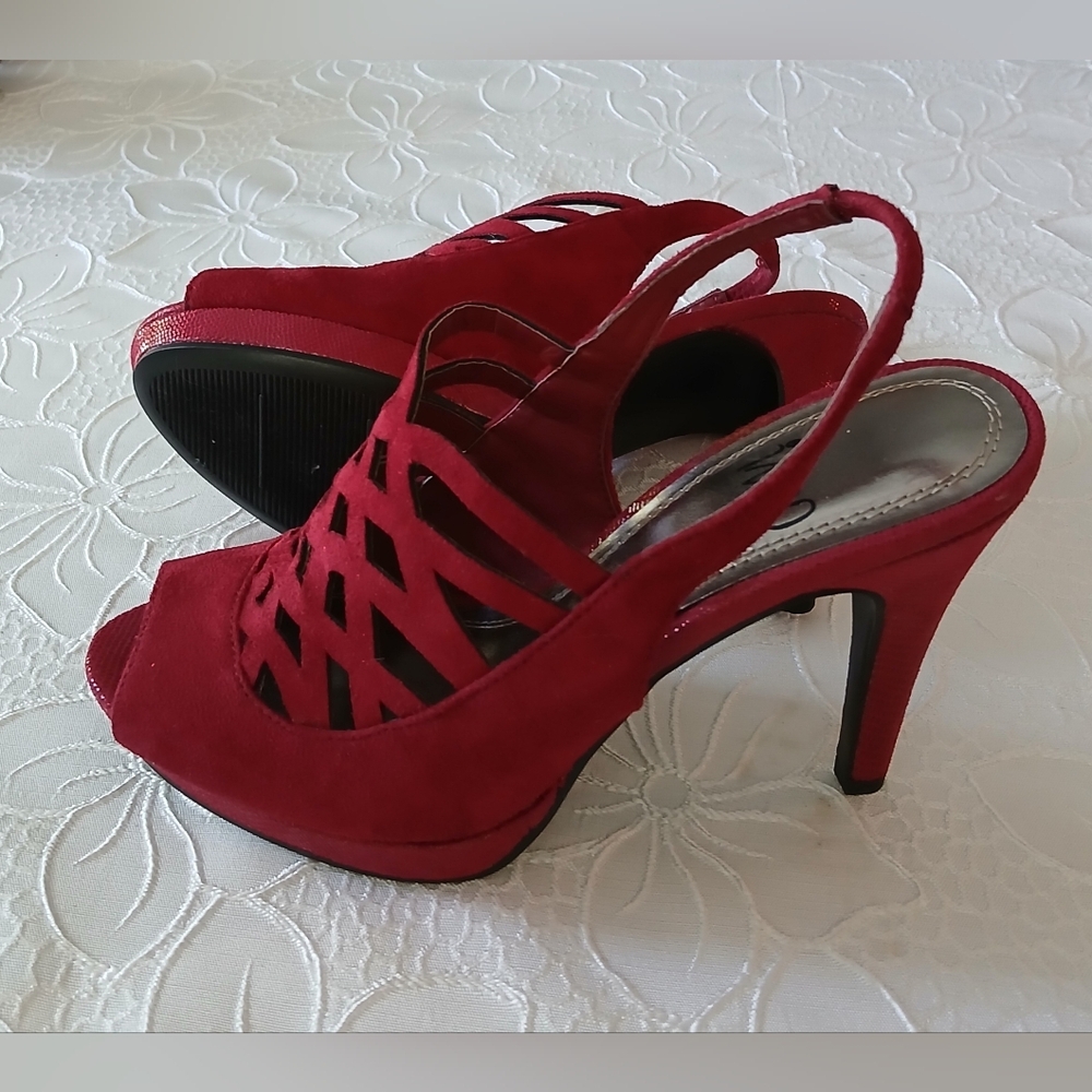 Impo Red Suede Slingback Peep-Toe Heels